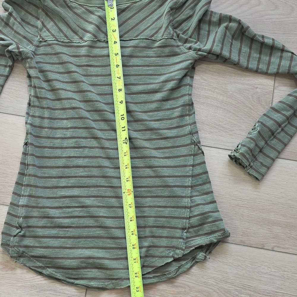 Free People Striped Olive Green Lace-Sleeve Women's Top - Picture 10 of 11